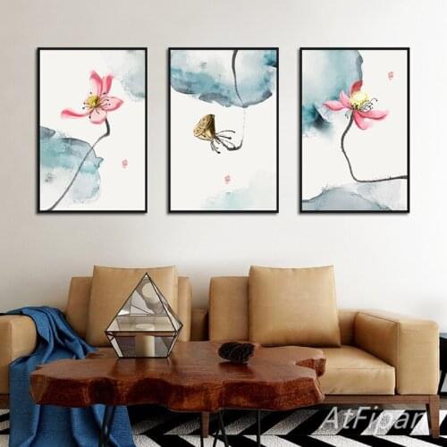 Art Picture Elegant Ink Painting Of Pale Pink Lotus And Withered Lotus Canvas Paintings Modern Living Room Wall Decor Posters