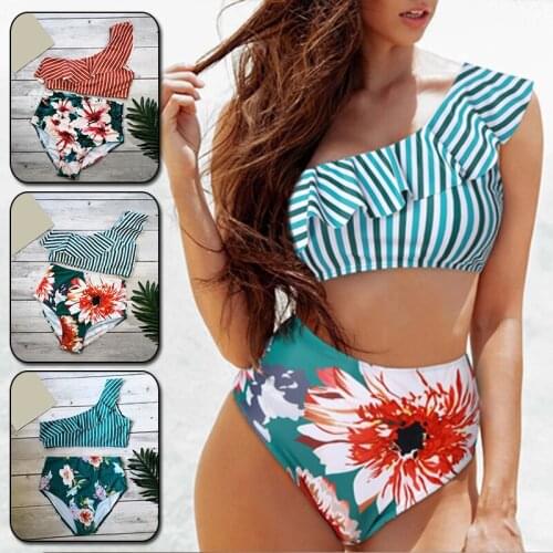 Floral Ruffled Hem Bikini Set Women One-shoulder High-Waisted Two Piece Swimsuit 2021 Girl Beach Bathing Suit Swimwear Biquinis