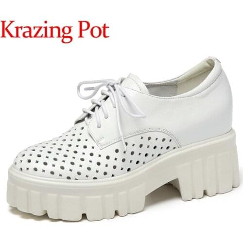 Krazing Pot round toe high heel hollow out high street fashion British school thick bottom convenient lace up women sandals L0f8