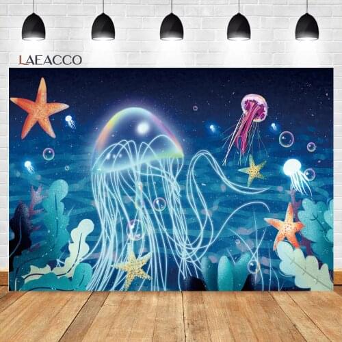 Laeacco Baby Shower Photocall Background Undersea Cartoon Jellyfish Starfish Child Customized Portrait Photographic Backdrops