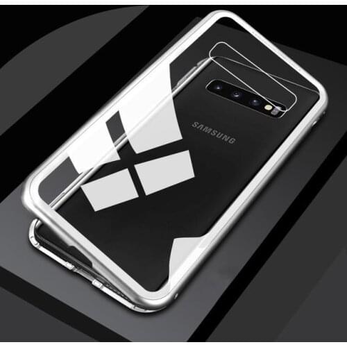 100pcs DHL Adsorption Magnet Flip Case for Samsung Galaxy S10 Magnetic Metal Clear Tempered Glass Back Case for S10 Plus S10e