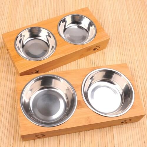 2 Size High Quality Health Bamboo Base Pet Dog Cat Stainless Steel Feeding Dish Bowl Food Water Double Drink Eating Feeder