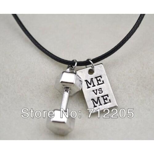 Fashion rhodium plated sport dumbbell ME and ME Leather cord necklace