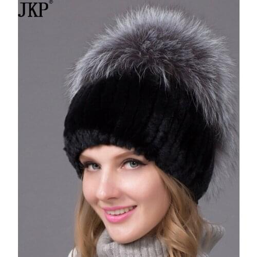 Real Natural Rex Rabbit Fur Hat Female Winter Thick Warm Knit Women Fox Fur Cap THY-09