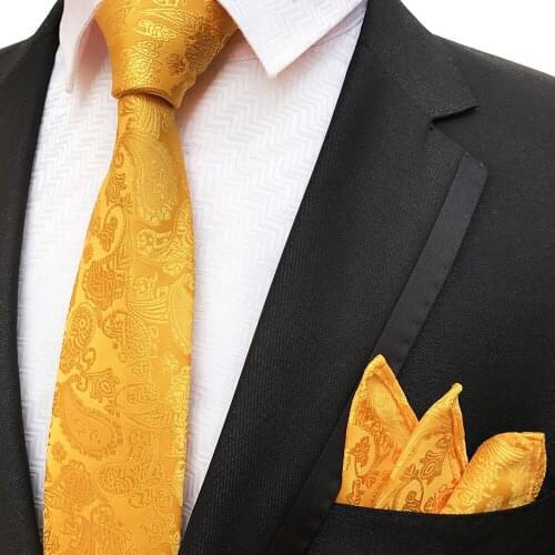 Luxury Golden Yellow Paisley Pattern Necktie Pocket Square Set High Quality Woven Cravat for Men