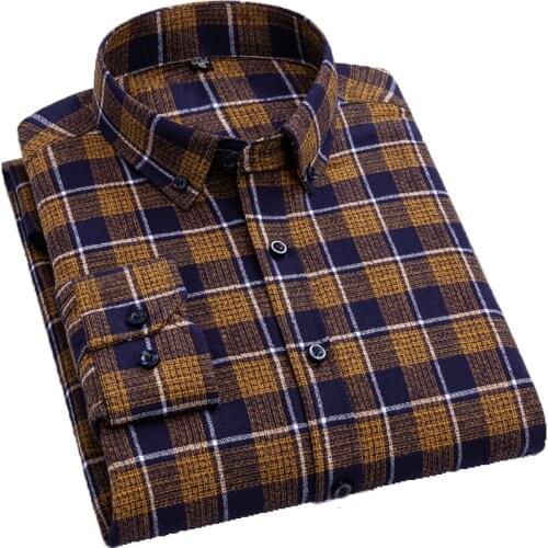 AOLIWEN men 100% cotton yellow navy blue plaid long sleeve shirt spring autumn casual skin friendly comfortable soft slim shirts