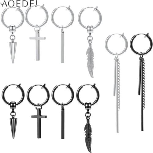 DNA Boys Korean Stainless Steel Clip Earring for Women Man Feather Long Chain Cuff Cartilage Earrings Hip Pop Dangling Earring