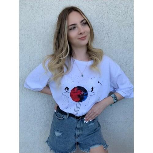 Womens White Saturn Print Oversize Tshirt