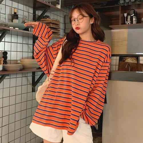 Women Preppy Autumn T shirt Long Sleeve Striped Vintage Loose Grunge Aesthetic Korean 90s Gothic Friends Tee