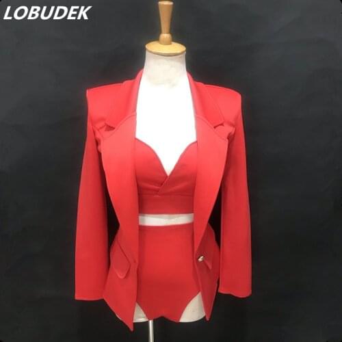 Women Jazz Dance Red 3-Piece Set Fashion Black High-waist Shorts+Bra+Jacket Outfit Night Club Singer Dancer Performance Costume