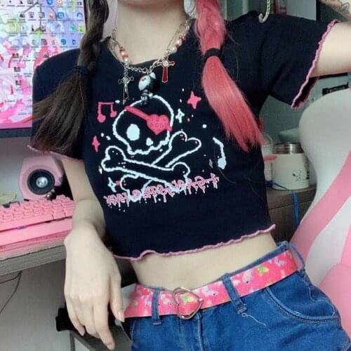 Pastel Goth Women Cropped Top T Shirt Summer Sexy Clothes Ruffle Tee Short Tshirt Alt Clothing 2021 Gothic Grunge Horror Skull