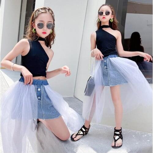 2021 Korea style girls 2 pcs set t-shirt+denim skirt fashion summer girls suit 5-10t B365