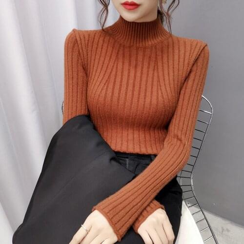 2021 Autumn Black Half Turtleneck Sweater Knitted Tops Women Pullover Long Sleeve Thicken Knitwear Slim Fashion Sueter Feminino