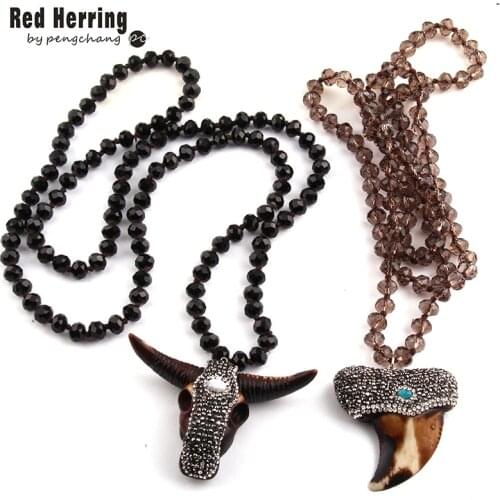 Free Shipping Fashion Long Crystal Glass Knotted Horn & Big Teeth Pendant Necklaces For Women Ethnic Necklace
