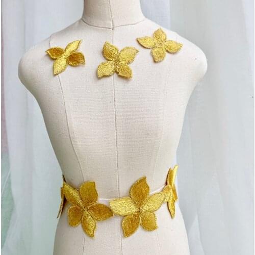 Gold Color FLower Embroidered Lace Appliques For Wedding Dress Sew On Lace Trims Patches For Clothing Bags DIY