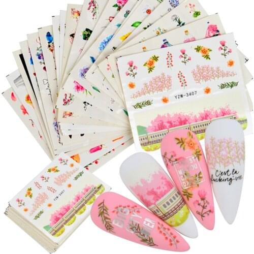 1pcs Spring Water Nail Decal And Sticker Flower Leaf Tree Green Simple Summer DIY Slider For Manicuring Nail Art Watermark