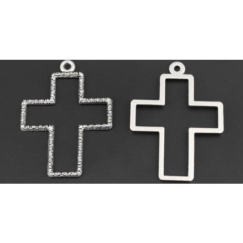 10pcs Silver Color 59x42mm Decorative Pattern Hollow Cross Charms Religious Pendant Fit DIY Jewelry Handcrafted Accessories