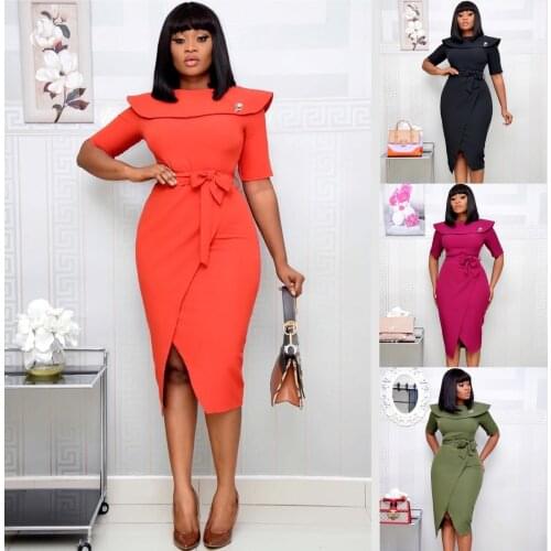 2020 Elegant Office Ladies Clothes African Dress Tunic Peplum High Waist Bodycon Bow Midi Party Summer African Dresses for Women