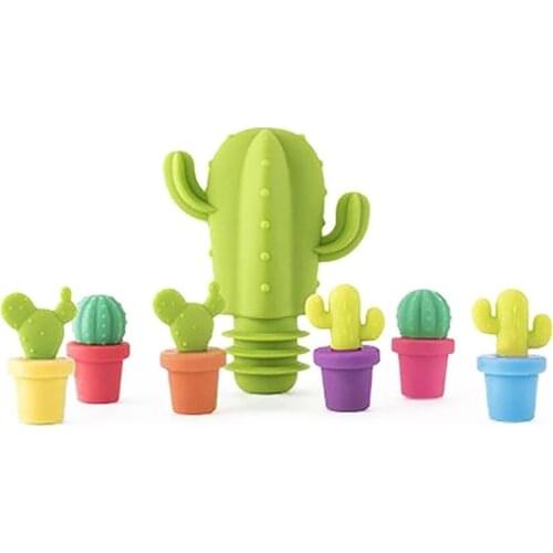7Pcs/Set Silicone Cactus Shape Wine Bottle Party Wine Glass Marker Charms Drinking Buddy Cup Identification Cup Labels