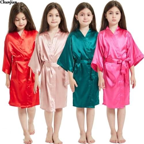 Teens Girls Satin Pajamas Children Solid Silk Satin kimono Robes Girls Bathrobe Sleepwear for 8 10 12 14 Years Spa Wedding Robes