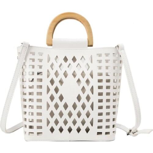 Hollow White Messenger Bag Female Bag PU Leather 2-piece Set Shoulder Bag Beach Bag 2021 Summer New Handbag Simple Bucket Bag