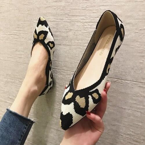 Leopard Pointed toe stretch fabric ballet flat shoes woman soft bottom slip on flats women stripes breathable ballerina female
