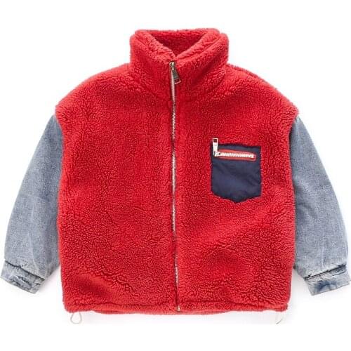Kids 1-8 years little boys girls fashion 2020 new autumn winter denim sleeve fur warm thick coat zip casual jacket clothes red