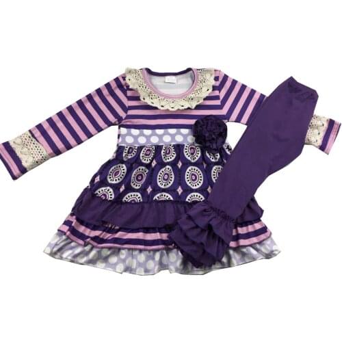 Hot sale little girls set stripe ruffle long sleeves top purple leggings kids outfit