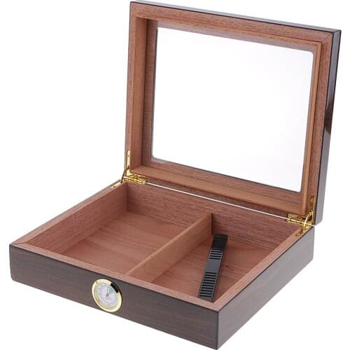 Spanish Cedar Wooden Cigar Humidor 20 Cigars Box Holder Cigar Case with Humidity Gauge Humidifier Cigar Holder Case