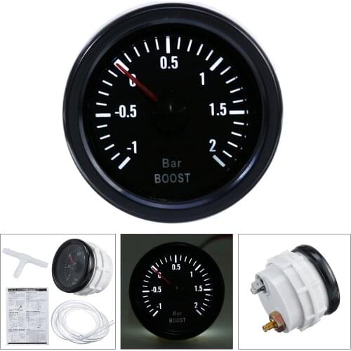 Mechanical Turbo Boost Pressure Gauge -1 ~ +2 Bar 2" 52mm White LED Display Black Bezel 12V Universal Boost Pointer Meter