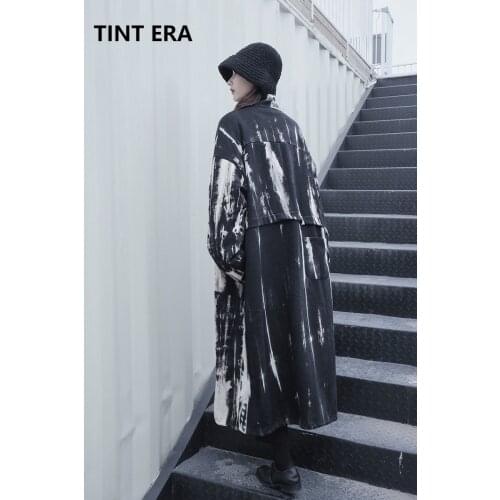 TINT ERA Dark Mountain Original Style Splash Ink Graffiti Autumn Winter Cardigan Sweater Long Stand Collar Trench Coat Outwear