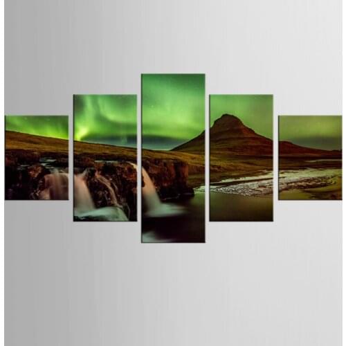 5 pieces of canvas art Arctic light waterfall painting custom canvas printed on canvas printing wall picture home decoration