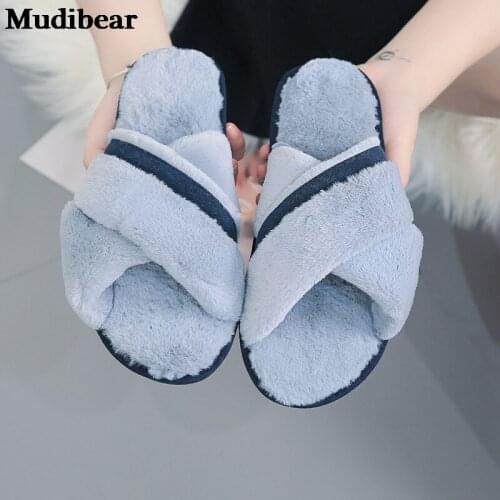 Mudibear Women Shoes Cross Fur Slippers Autumn Color Matching Winter Indoor Plush Floor Slippers Footwears Comfortable 36-41