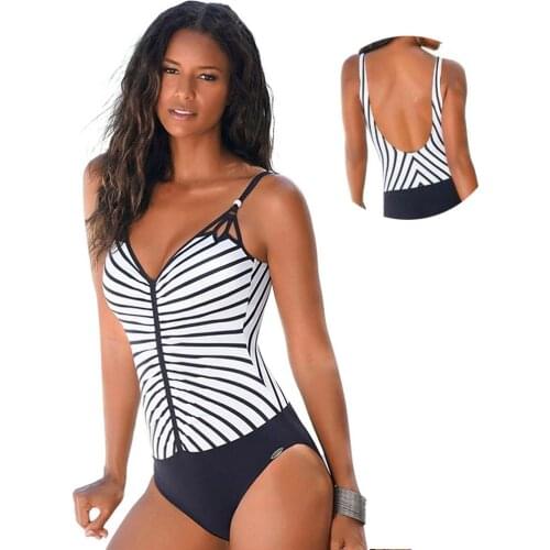 Wholesale Womens Summer One-piece Swimsuit Striped Black and White Printed High Stretch Tight-fitting Breathable Bikini