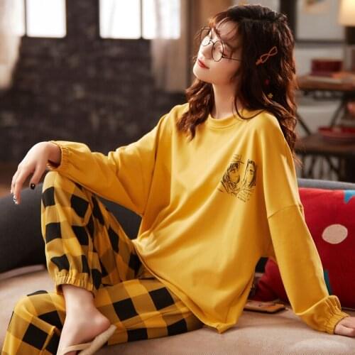 Ladies Cute Pyjamas Casual Homewear Cotton Pajamas Set for Woman Long Trousers Long Sleeves Leisure Sleepwear