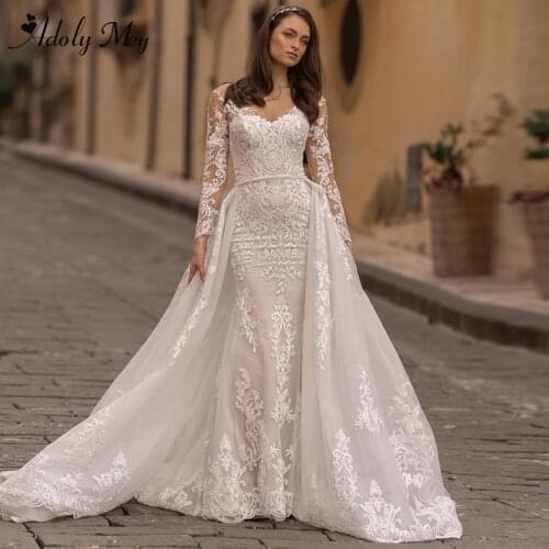 Adoly Mey Gorgeous Appliques Mermaid Wedding Dresses 2020 Elegant Scoop Neck Long Sleeve Detachable Train Princess Bridal Gown