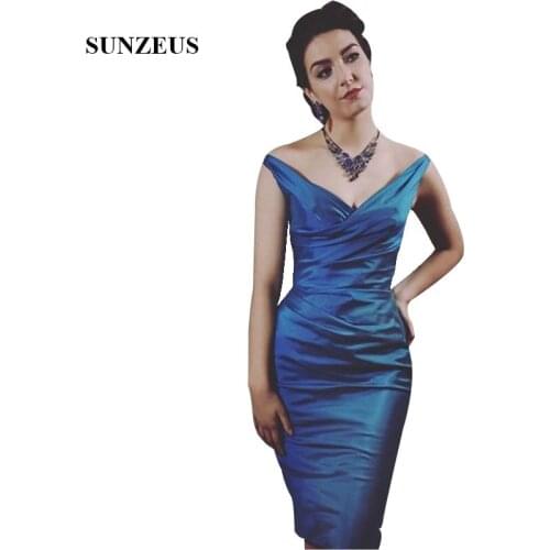 Blue Taffeta Mother Evening Dresses V-neck Off Shoulder Mother Of Groom Gowns Knee Length Sheath Formal Party Dress