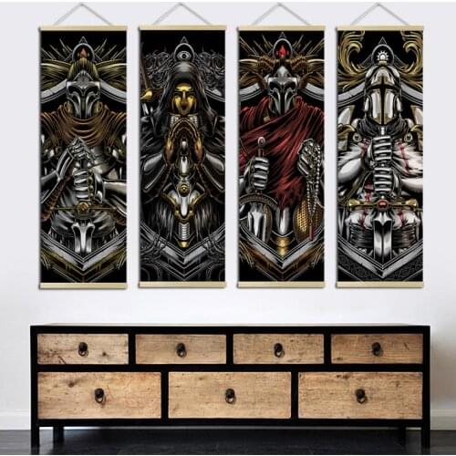 Japanese Ukiyoe Canvas Painting Knight Decorative Posters Hanging Painting for Living Room Wall Art with Wood Hanging Scroll