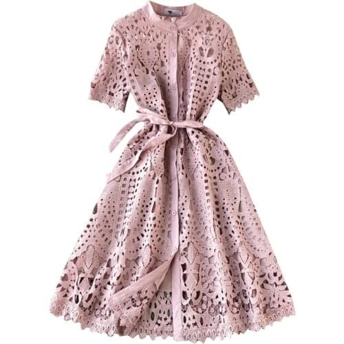 Spring Summer O-neck High Waist Hollow Out Dress Sexy Ladies Long-Sleeve Lace Women Short Sleeve Single-Breasted Party Dresses