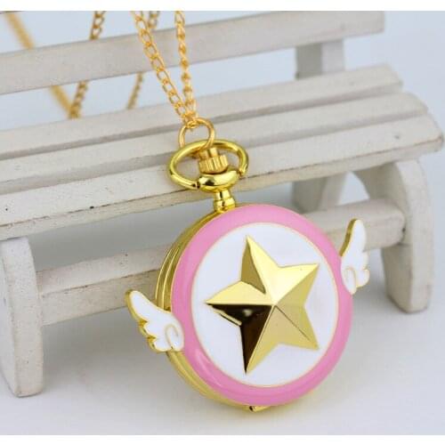 Anime Cardcaptor Sakura Keychain Necklace Pendant Toys Metal Star Angel Wings Pocket Watch Necklace Bag Pendant Toy