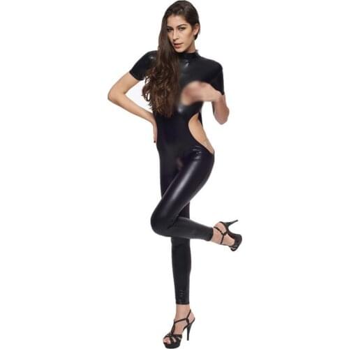Black Faux Leather Leotard Women Leather Bodysuit Lingerie Erotic Adult Sex Costume Vinyl Latex Porn Crotchless Bondage Catsuit
