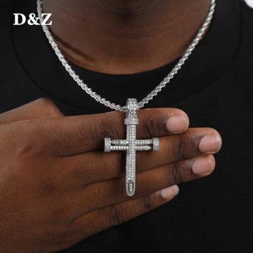 D&Z Iced Out Bling Nail Cross Pendant Necklace Mens/Women Micro Paved AAA CZ Hip Hop Gold Silver Color Charm Chains Jewelry Gift