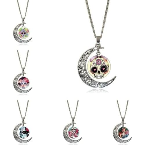 EJ Glaze For Unisex Party Gift Miss Sugar Skull With Love Vintage Jewelry Silver Plated With Crescent Shaped Luminous Necklace