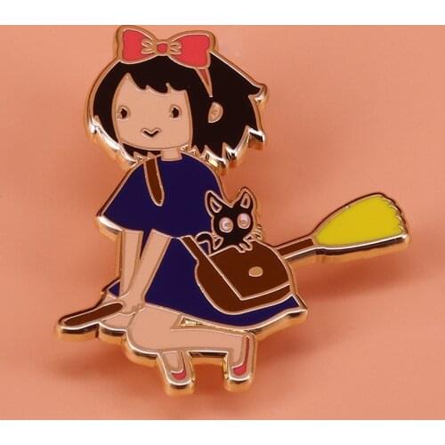 Little witch ride a broom enamel pin black cat brooch cute girl magical badges kids friends gift Halloween accessory witchcraft