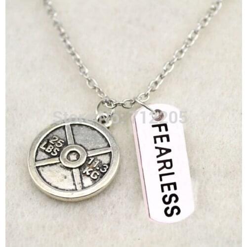 Fitness Weightlifting jewelry Vintage Circle 25LBS 11.3KG Weight Plate and FEARLESS sport necklace(A1307)