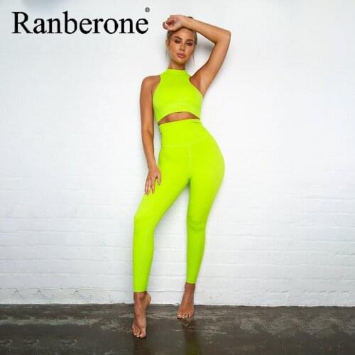 Ranberone Yoga Sets Women Sportswear Zipper Crop Tops Fluorescent Color Push Up Leggings Yoga Suit Womens Tracksuits 2021
