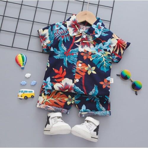 Hawaiian Style Floral Printed Boys Clothing Set Children Kids Toddler Outfits Short Sleeve Shirt Top Shorts Set Children Outfit