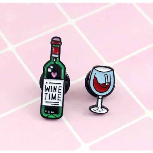 Red Wine Glass Cap Bottle Shape Brooch Printed With With Time Gross Trendy Cartoon Style Pins Gift For Lover Girlfriend Couples