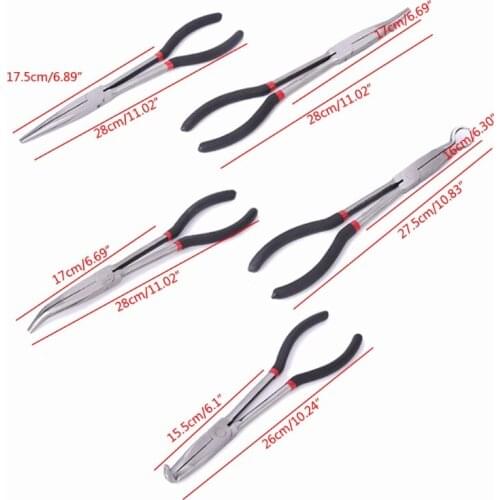 5Pcs 11" Long Reach Plier Set Straight 90° 45° 20° Bent Double-X Hose Grip Pliers Set Ring Nose Pliers Kit Hand Tools