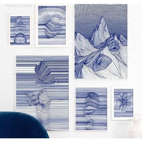 Blue Line Abstract Girl Body Kiss Flower Wall Art Canvas Painting Nordic Posters and Prints Wall Pictures for Living Room Decor